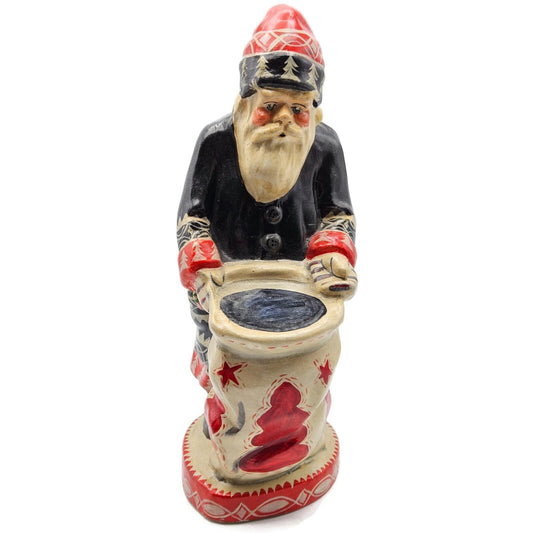 Vaillancourt Father Christmas Wearing Black Coat Red Work Sack Chalkware Folk