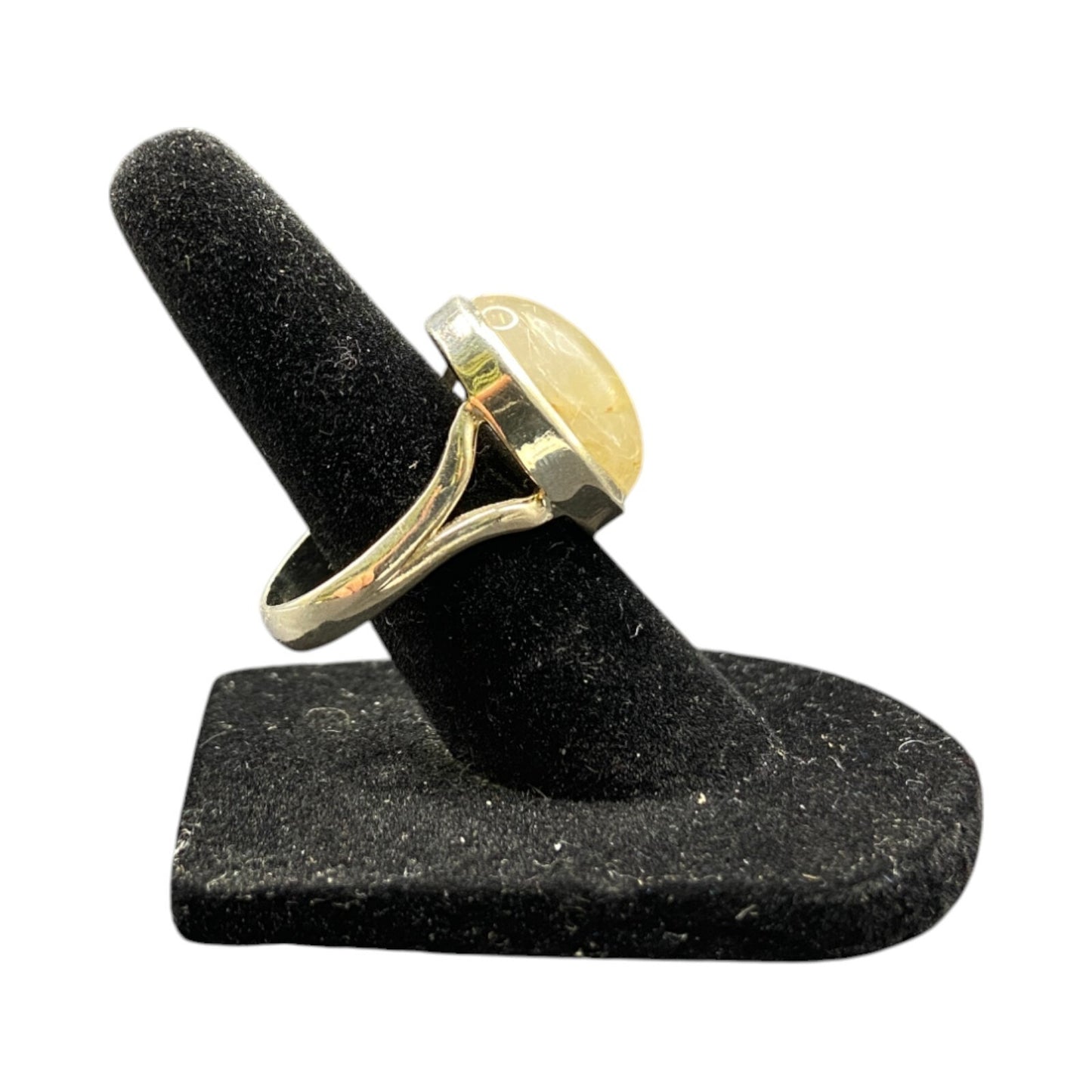 Golden Rutilated Quartz Crystal Ring Oval Cabochon 925 Sterling Silver Size 4