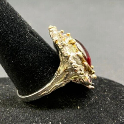 Red Ruby Stone Cocktail Ring Gold Layered 925 Sterling Silver With Pouch Sz 7.5