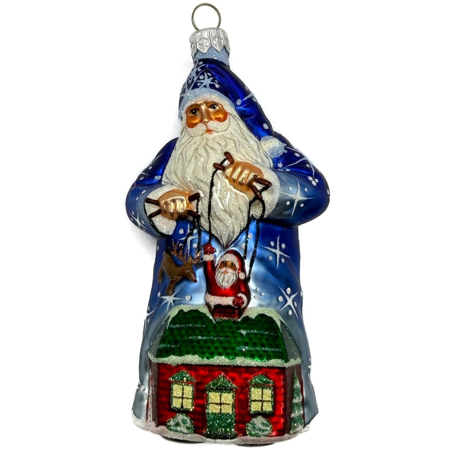 Patricia Breen Marionette Santa Reindeer Blue Snowflakes Christmas Ornament 2328
