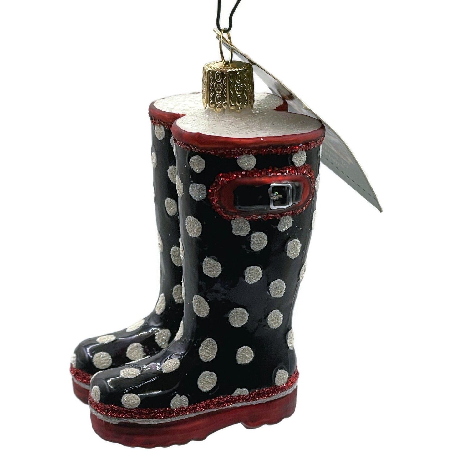 Rubber Boots Ornament Black Polka Dots OWC Old World Christmas Tree Decoration