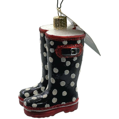 Rubber Boots Ornament Black Polka Dots OWC Old World Christmas Tree Decoration