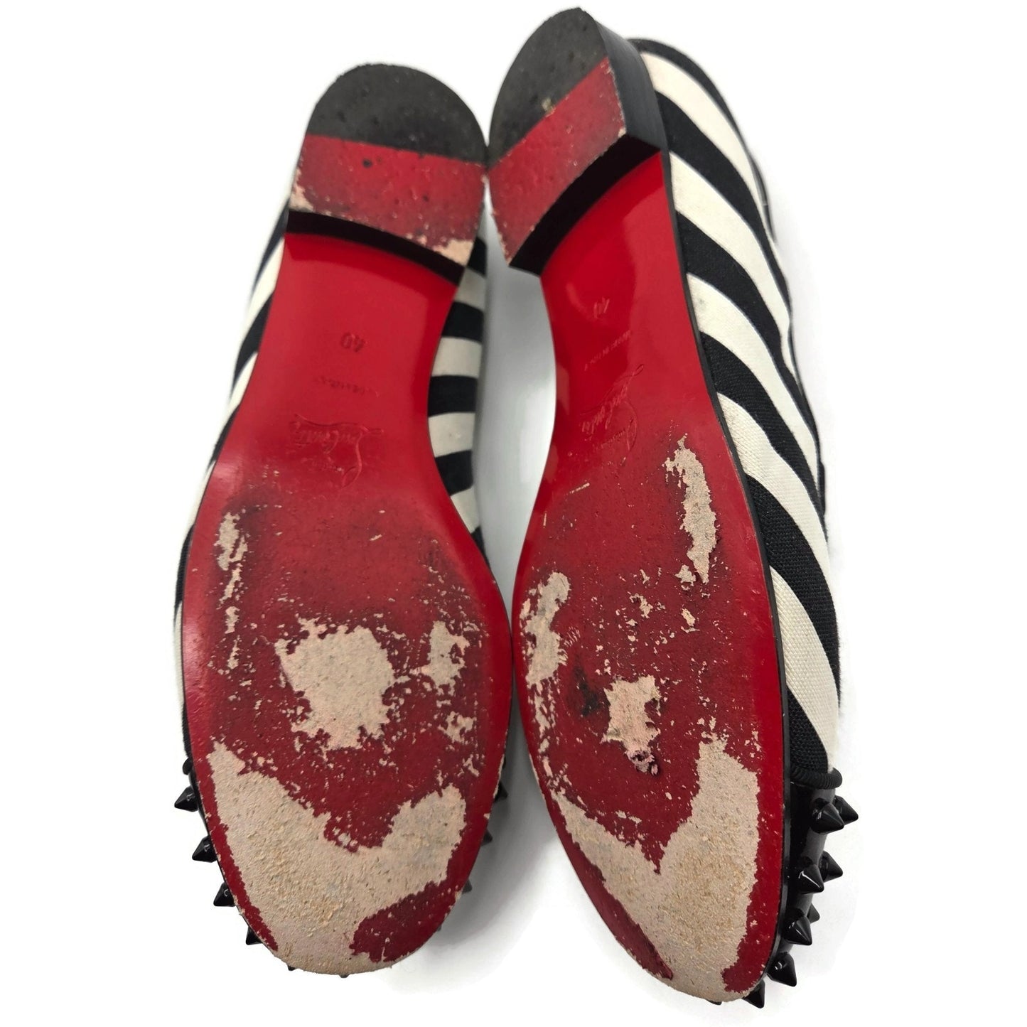 Christian Louboutin Intern Flat Patent Studded Loafers Black White Stripe Sz 40
