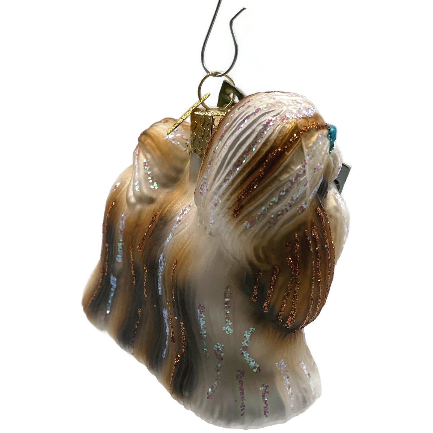 OWC Shih Tzu Dog Ornament Blue Bow Pet Glittered Old World Christmas Tree Decor