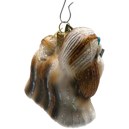 OWC Shih Tzu Dog Ornament Blue Bow Pet Glittered Old World Christmas Tree Decor