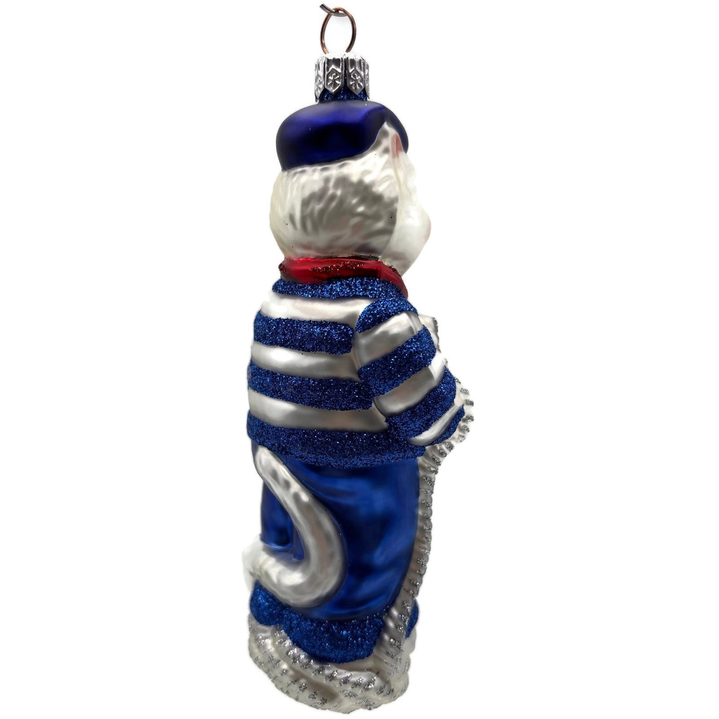 Patricia Breen Marseilles Cat Blue Silver Anchor Striped Christmas Tree Ornament