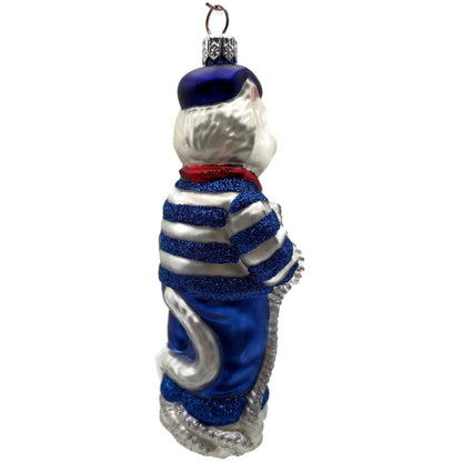 Patricia Breen Marseilles Cat Blue Silver Anchor Striped Christmas Tree Ornament