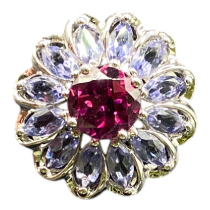925 Sterling Silver Prong Set Blue Purple Gemstone Flower Cocktail Ring Size 8