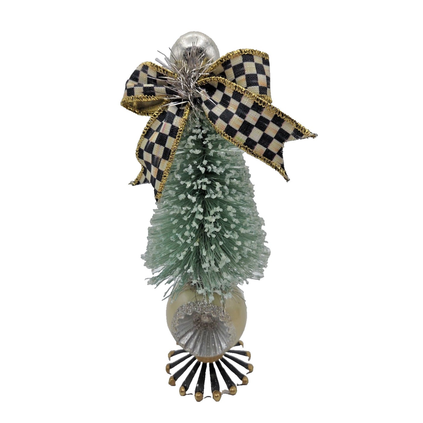 Mackenzie Childs Home Sweet Snow Bottle Brush Tree Mini Green Courtly Check Bow