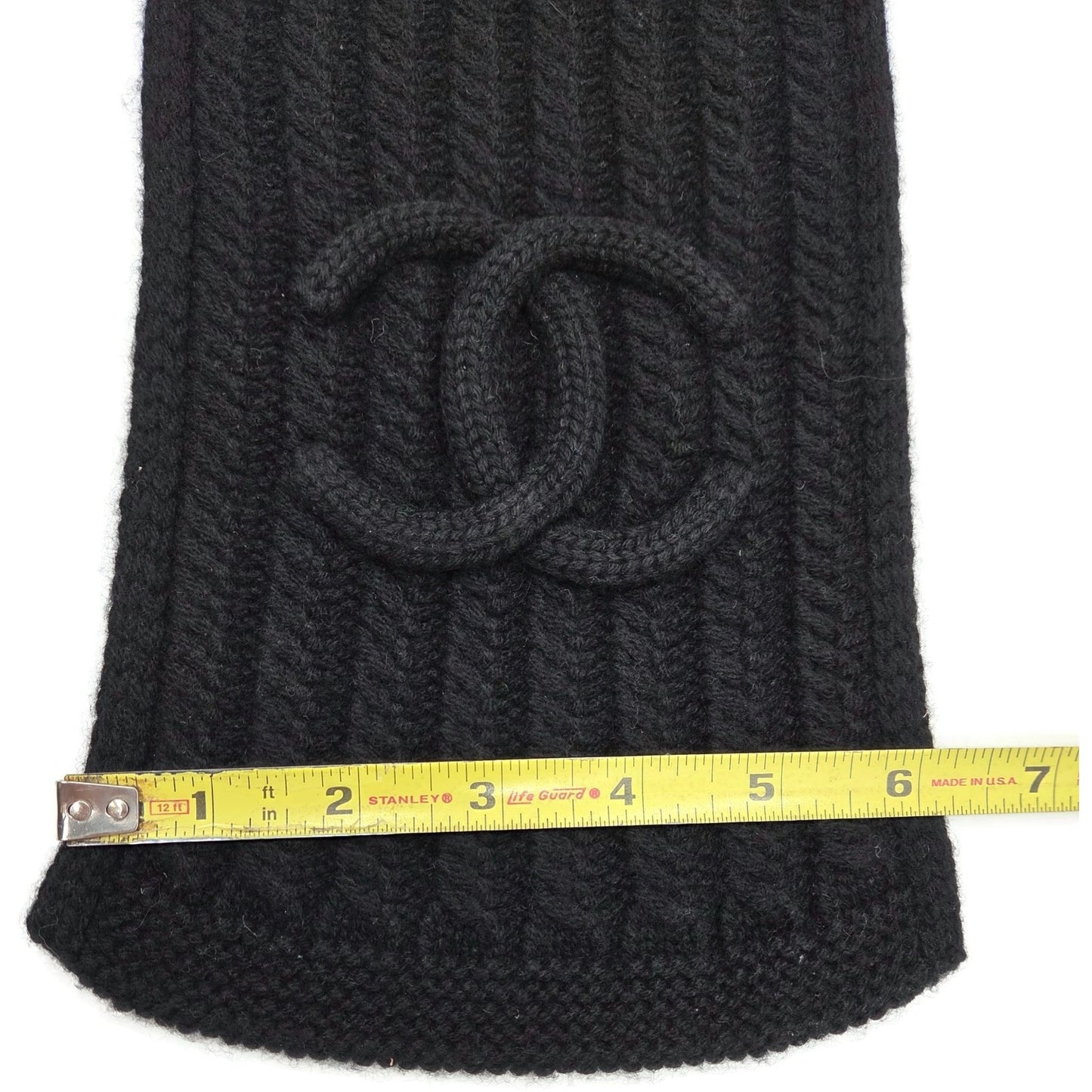 Chanel 10A Black Cashmere Ribbed Scarf with Large Signature CC Logo 120"X6" NWT