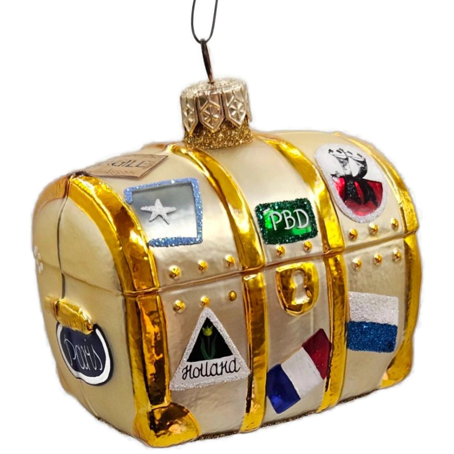 Patricia Breen Bon Voyage Gold Georgia Green Travel Trunk Christmas Ornament
