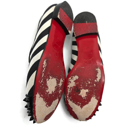 Christian Louboutin Intern Flat Patent Studded Loafers Black White Stripe Sz 40
