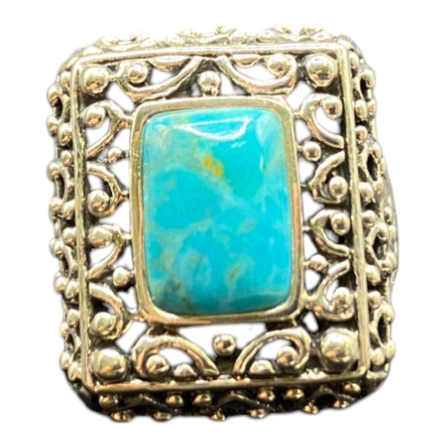 Cocktail Ring Size 8.5 Turquoise 925 Sterling Silver Filigree Rectangle Gemstone