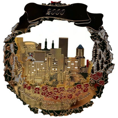 Portland Ornament 2000 City of Roses Skyline Floral Gold Plated Christmas Gift
