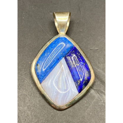 Lapis Lazuli Blue Lace Agate Charm Pendant Mix Gemstones Silver Tone Metal