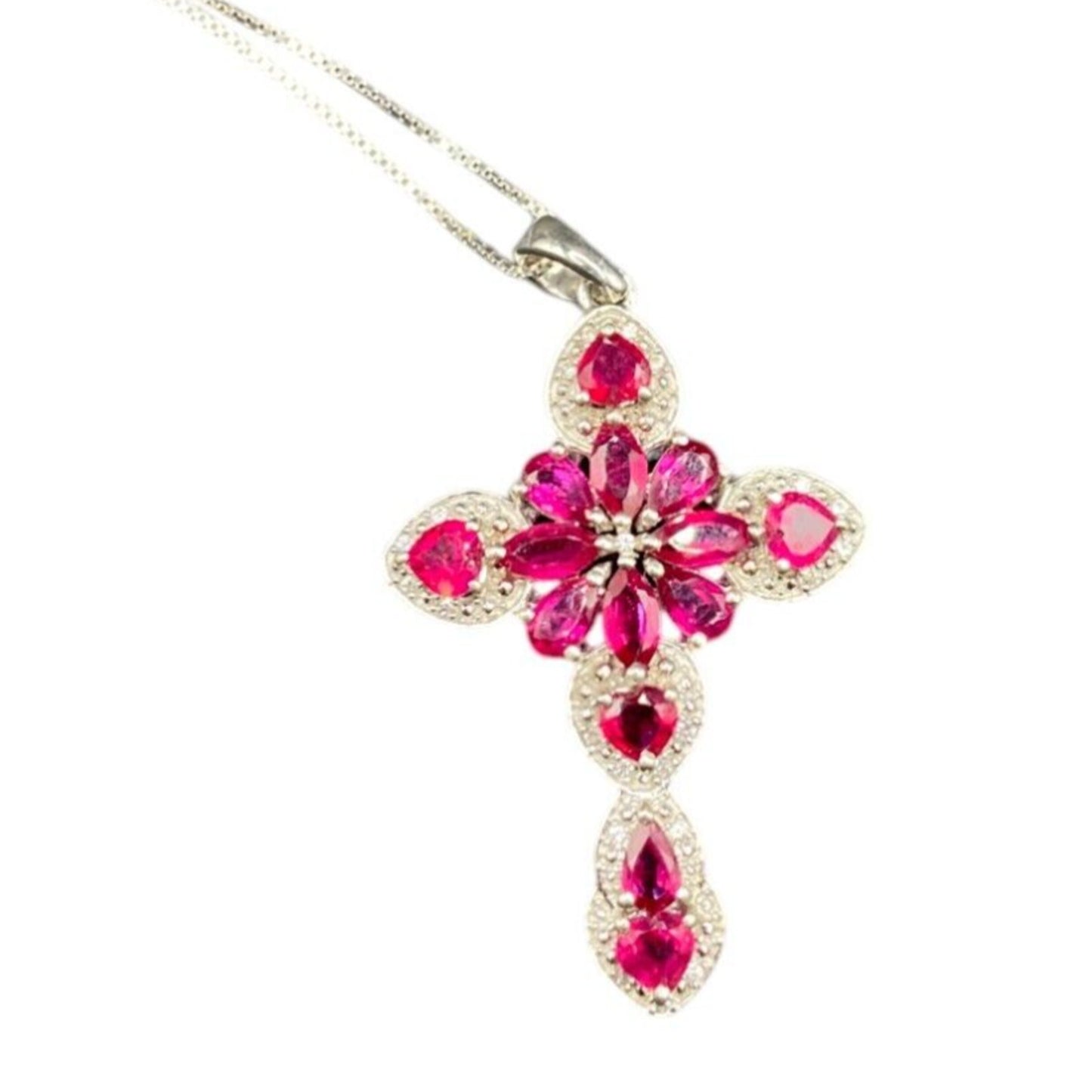 Red Mahaleo Ruby Rhodium Cross Pendant 925 Sterling Box Chain Necklace