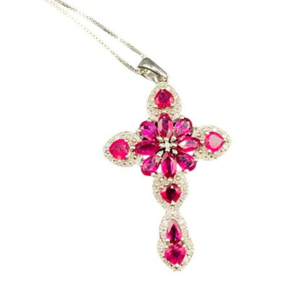 Red Mahaleo Ruby Rhodium Cross Pendant 925 Sterling Box Chain Necklace