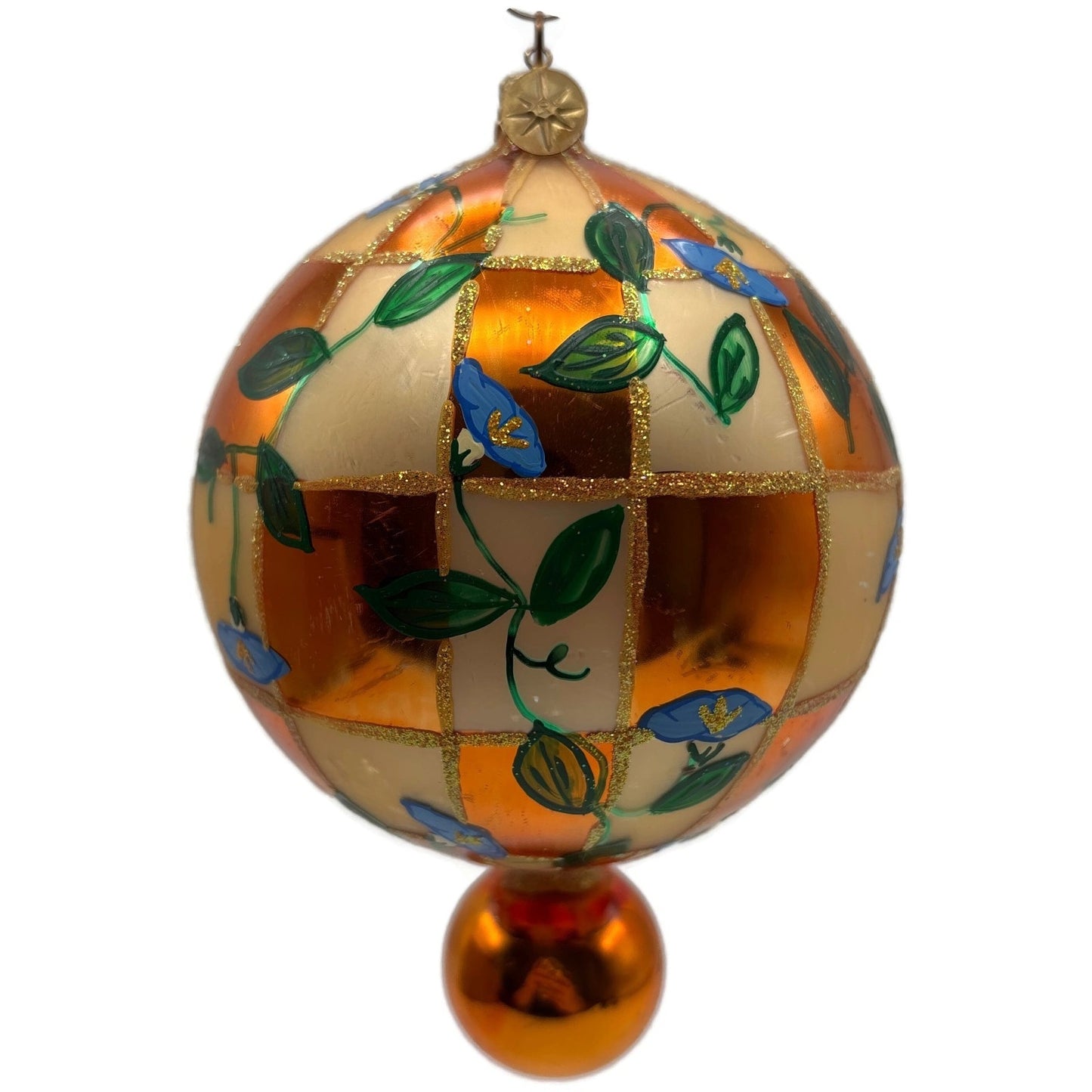 Christopher Radko Heavenly Blue Morning Glory Orange Glass Christmas Ornament
