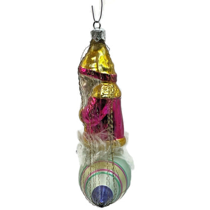 Christopher Radko Pink Santa In Space Blue Silver Rocket Christmas Tree Ornament