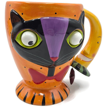 Department 56 Halloween Google Eye Black Cat Orange Mug Coffee Cup Moon Handle