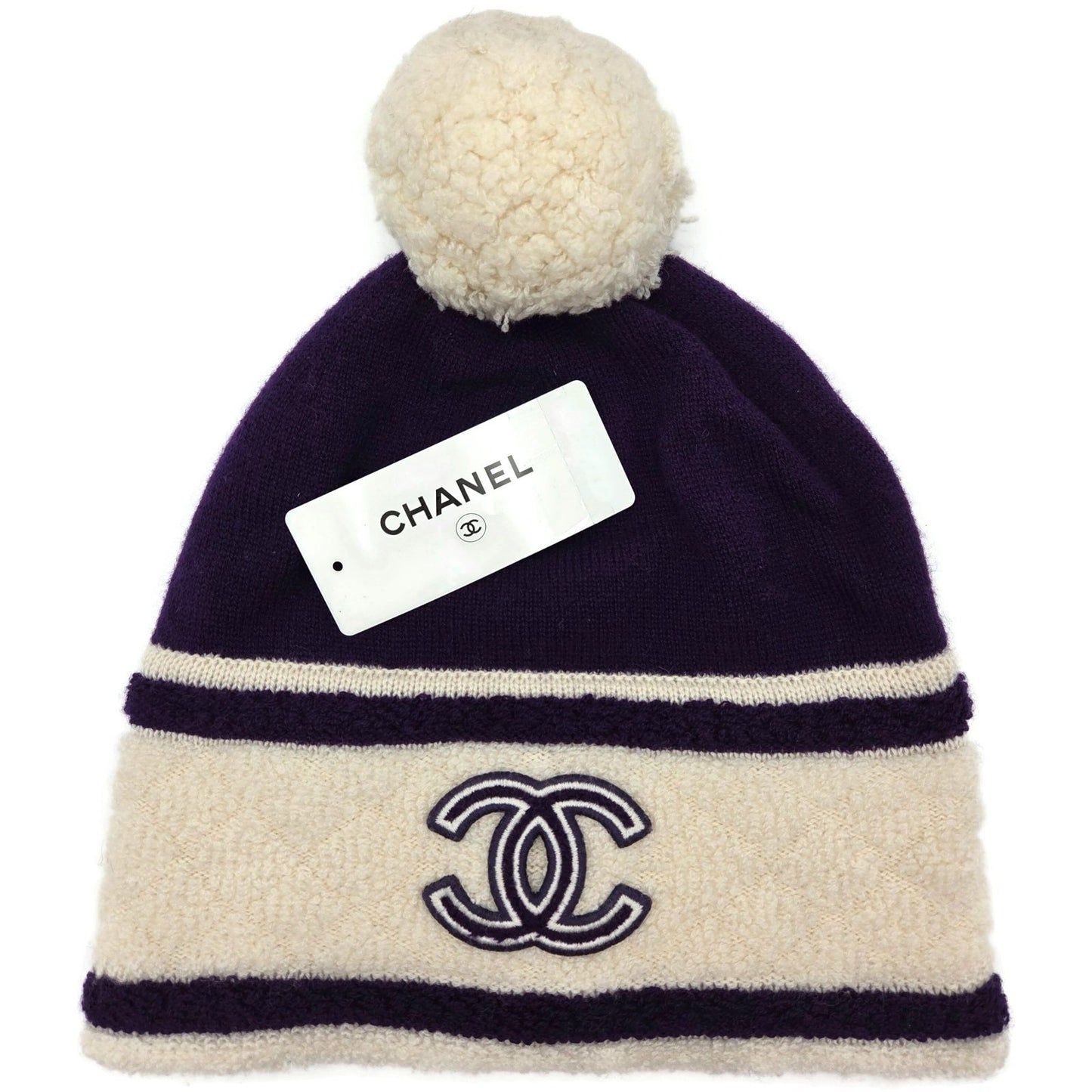 Chanel CC Logo Cashmere Beanie Hat Purple White Pom Pom Great Britain Rare