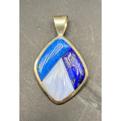 Lapis Lazuli Blue Lace Agate Charm Pendant Mix Gemstones Silver Tone Metal