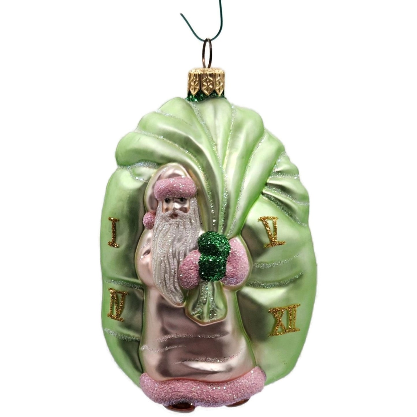 Patricia Breen Advent Santa Roman Numerals Pink Green Bag Christmas Ornament
