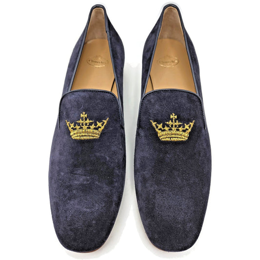 Churchs Flora 2 Dark Blue Suede Loafers Rare Crown Embroidered Luxury Shoes