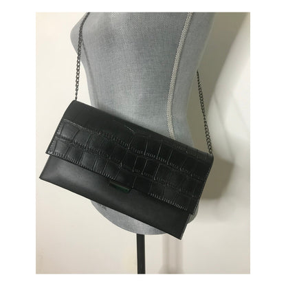 Black Faux Crocodile Clutch Shoulder Bag Chain Strap Evening Purse 10 x 6 inch