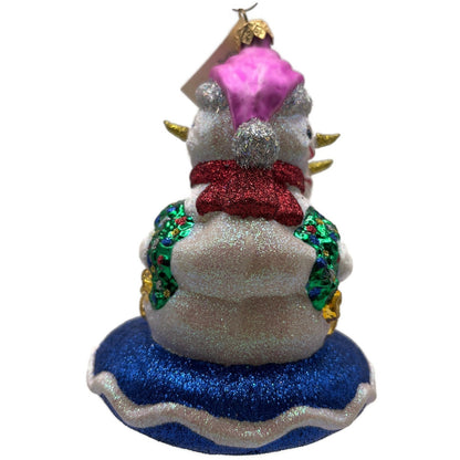 Larry Fraga Glitter Series Snowman Couple Wreath Pink Hat Blue Base Ornament