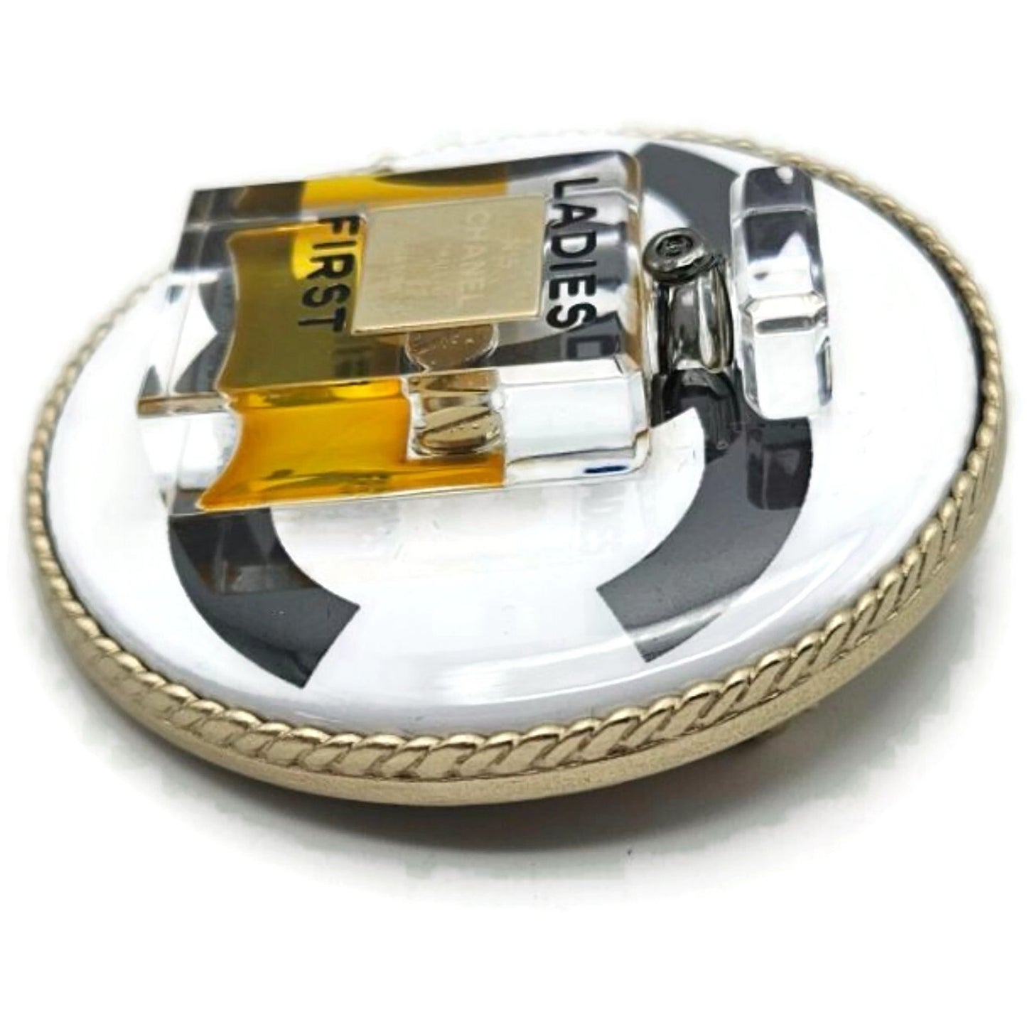 CoCo CHANEL No 5 Perfume Bottle Brooch Ladies First Gold Black Rare NIB