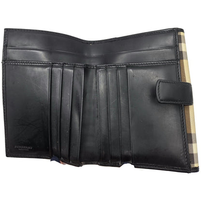 Burberry London Vintage Nova Check Leather Snap Bi-Fold Wallet Black Beige Plaid