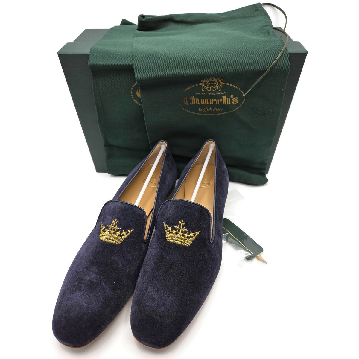 Churchs Flora 2 Dark Blue Suede Loafers Crown Embroidered Luxury Shoes Rare