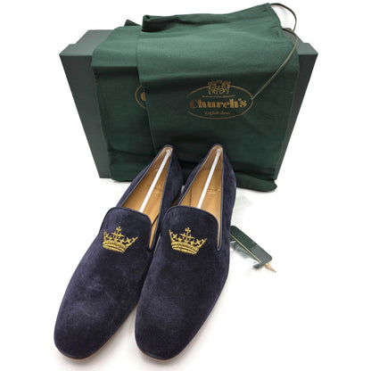 Churchs Flora 2 Dark Blue Suede Loafers Crown Embroidered Luxury Shoes Rare