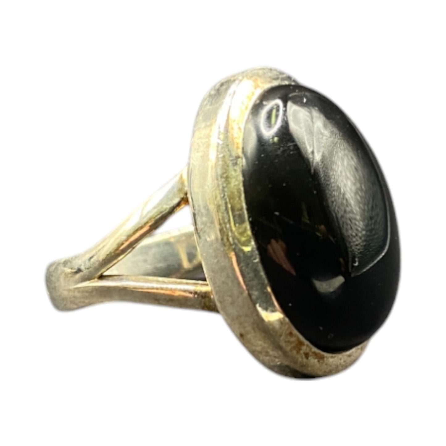 Black Onyx Cocktail Ring Oval Cabochon Gemstone Silver Tone Metal Size 7