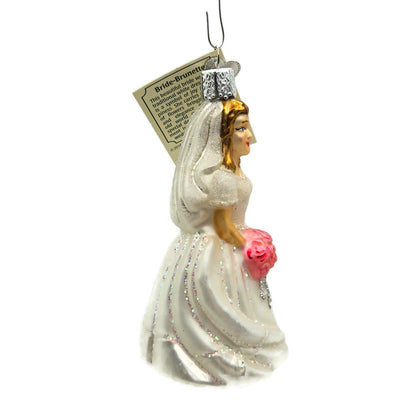 Old World Christmas Bride Brunette White Dress Pink Bouquet Christmas Ornament