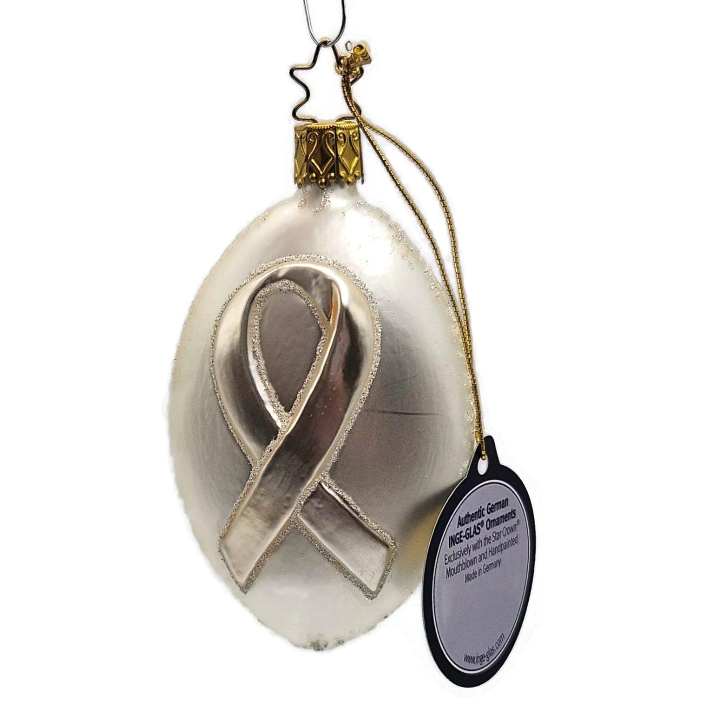 Inge Glass White Ribbon Glittered Glass Ornament German Christmas Tree Ornament