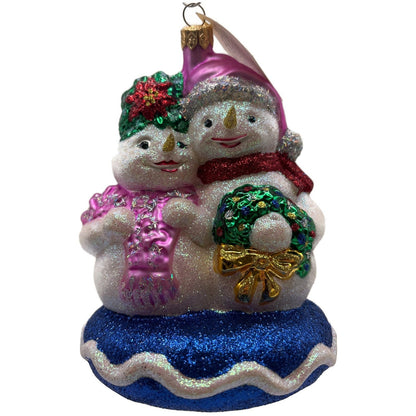 Larry Fraga Glitter Series Snowman Couple Wreath Pink Hat Blue Base Ornament
