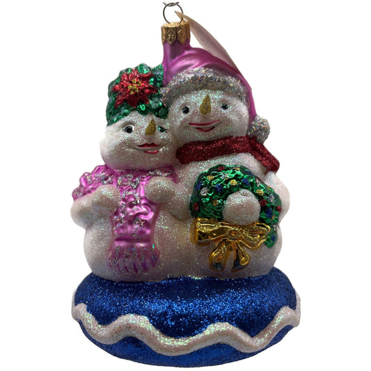 Larry Fraga Glitter Series Snowman Couple Wreath Pink Hat Blue Base Ornament