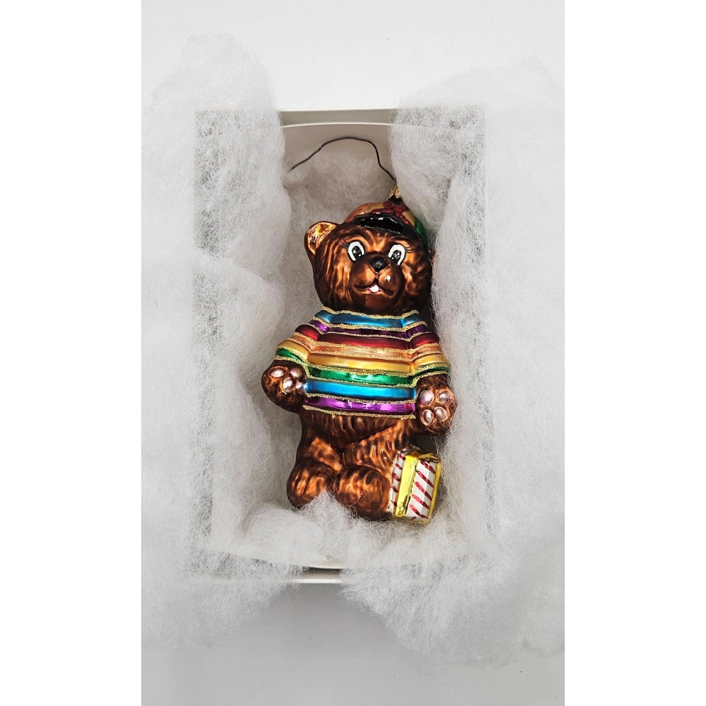 Christopher Radko Cubbys Rainbow Striped Holding A Gift Christmas Tree Ornament