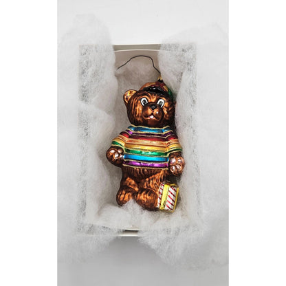 Christopher Radko Cubbys Rainbow Striped Holding A Gift Christmas Tree Ornament