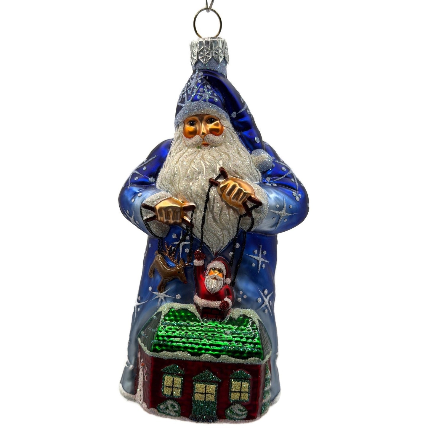 Patricia Breen Marionette Santa Reindeer Blue Snowflakes Christmas Ornament 2328