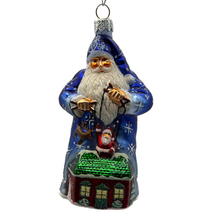Patricia Breen Marionette Santa Reindeer Blue Snowflakes Christmas Ornament 2328