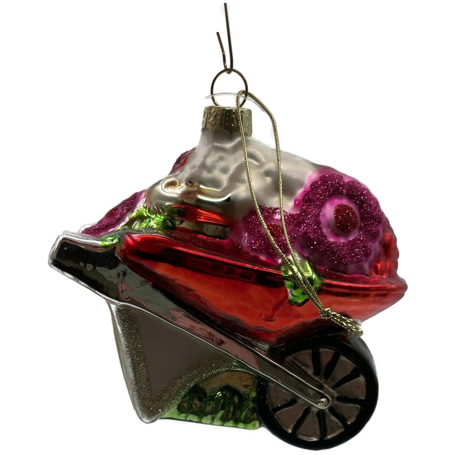Ornament Floral Wheelbarrow Garden Flowers Blown Glass Christmas Holiday Tree