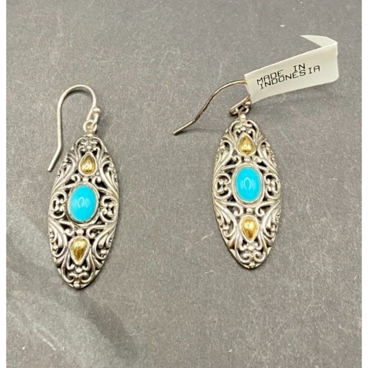 Samuel B Sleeping Beauty Turquoise Hook Earrings 925 Sterling Silver Filigree