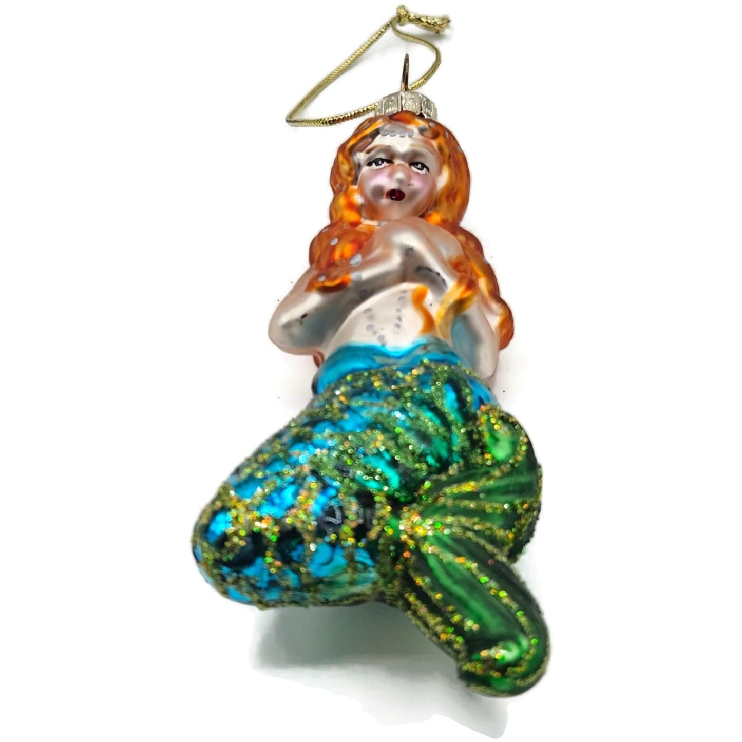Mermaid Red Hair Blue Green Glitter Fin Christmas Tree Ornament Vintage Glass