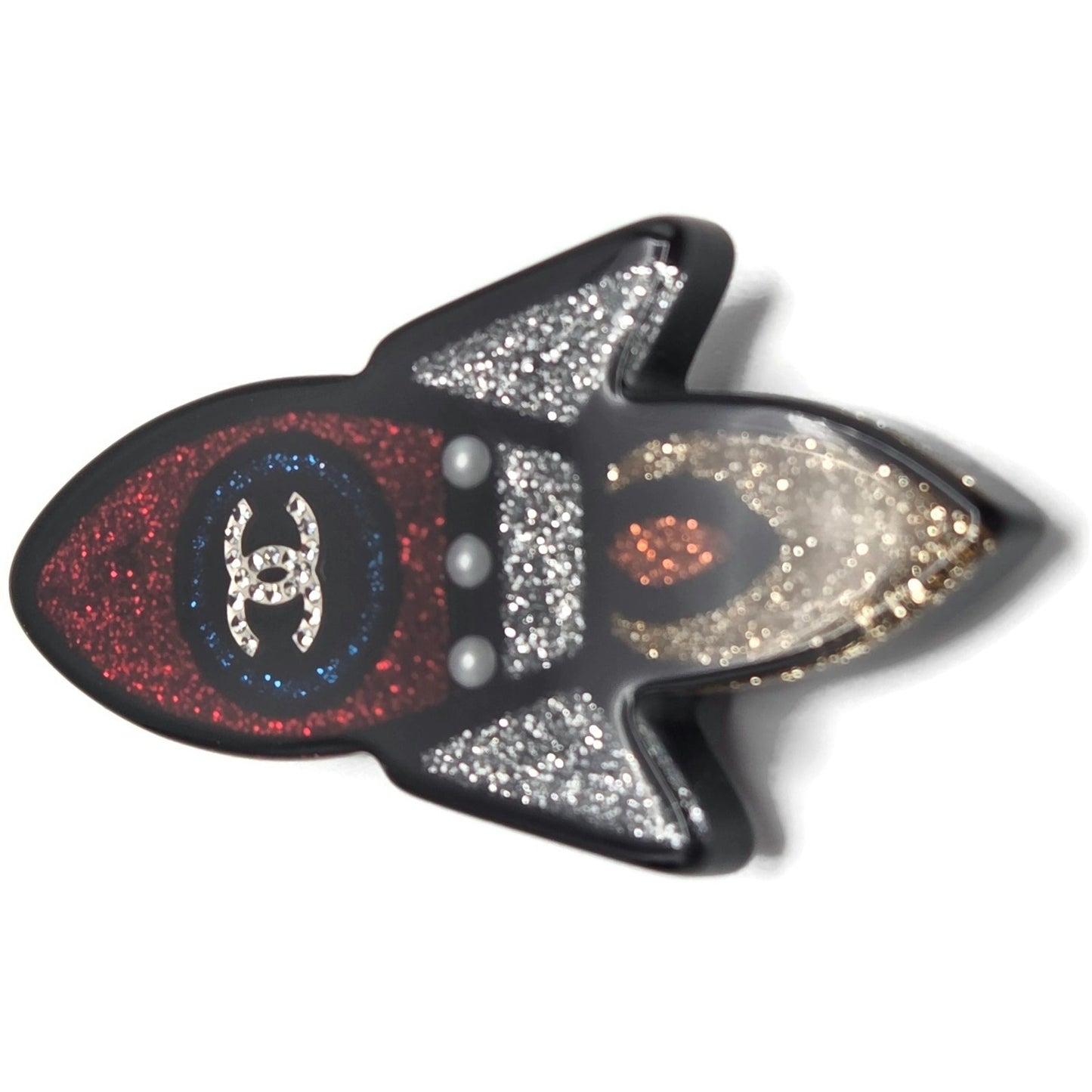 Chanel Rocket Brooch 17S A89416 Space Ship Pin Black Red Grey Glitter Rare Resin