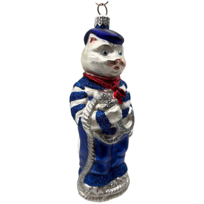 Patricia Breen Marseilles Cat Blue Silver Anchor Striped Christmas Tree Ornament