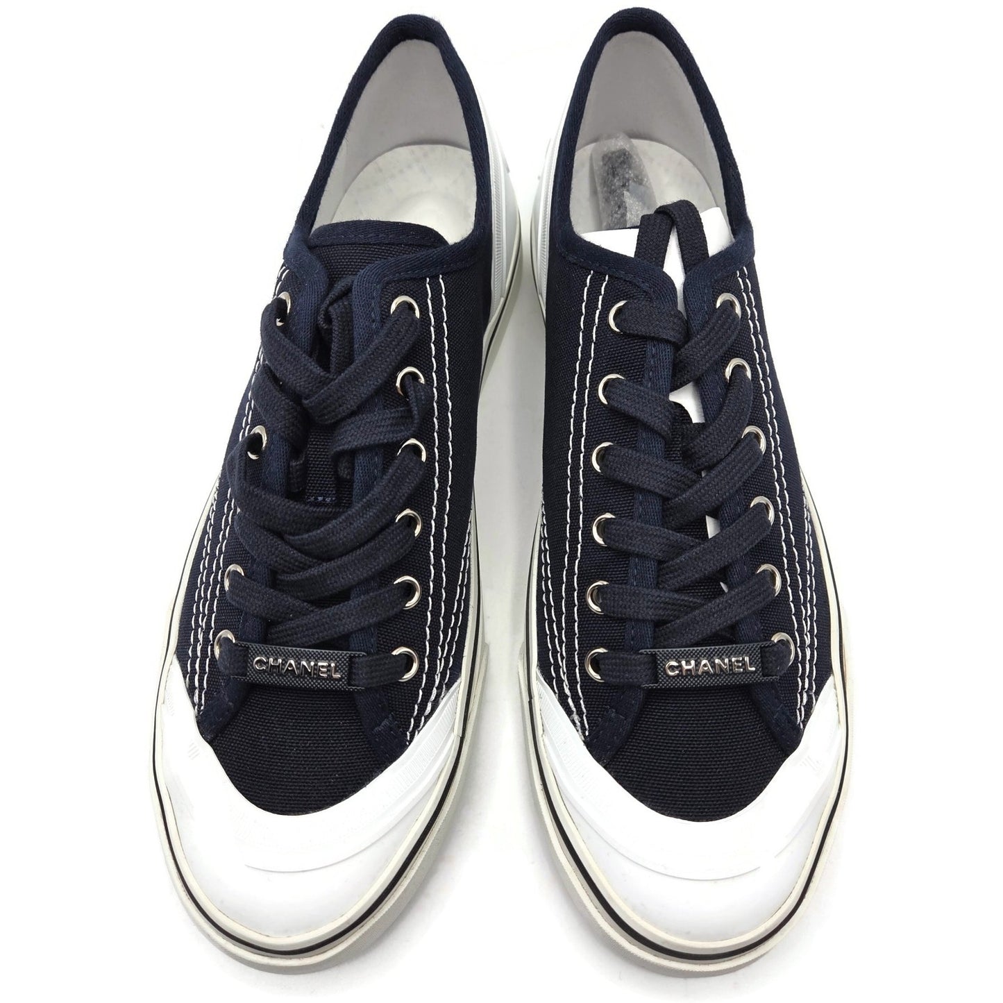 CHANEL Navy Fabric Sneakers Womens Size 40 White Sole Lace Up Low Top Box G34760