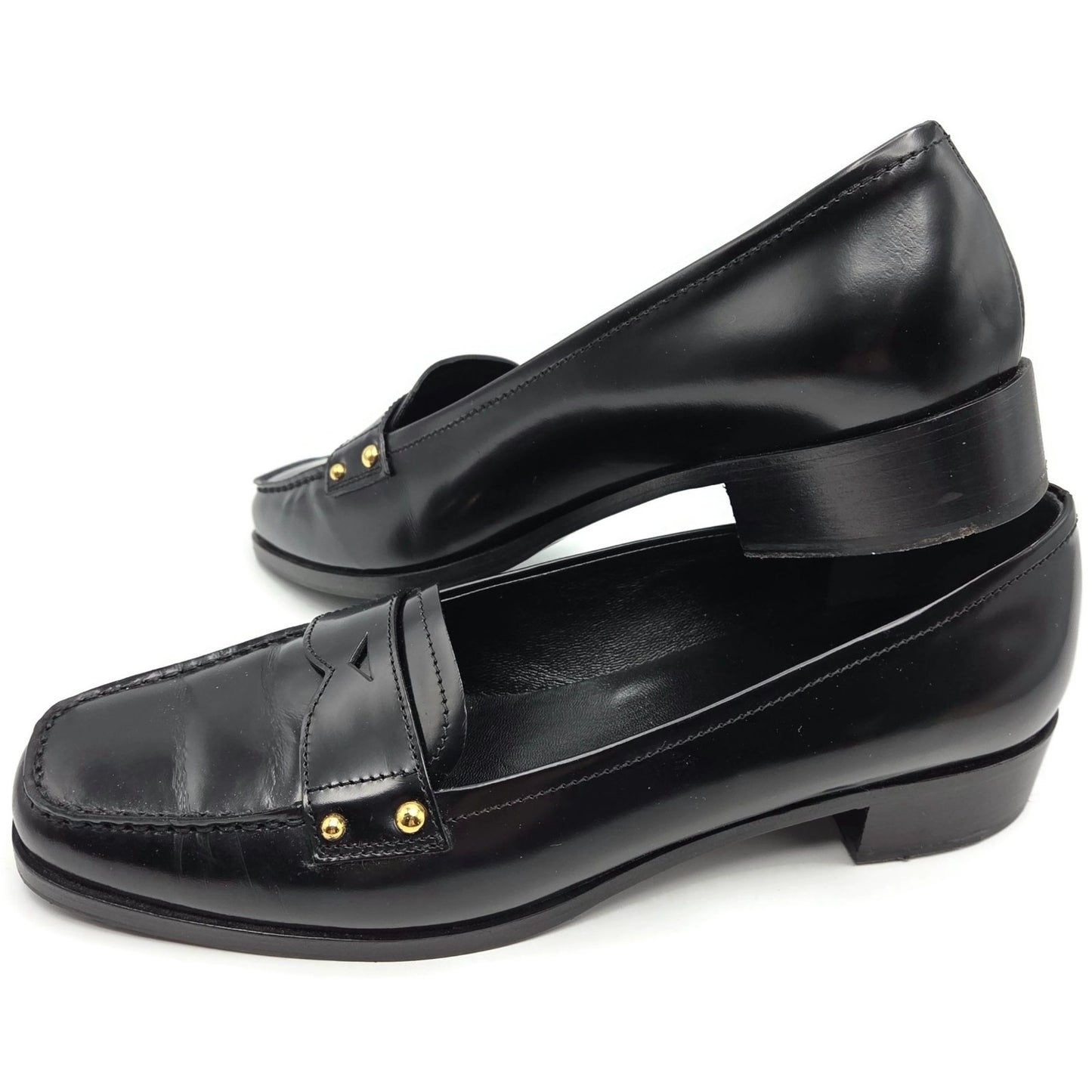 Prada Black Leather Loafer 1D9558 Gold Studs Flats Square Toe Womens Size EU 39